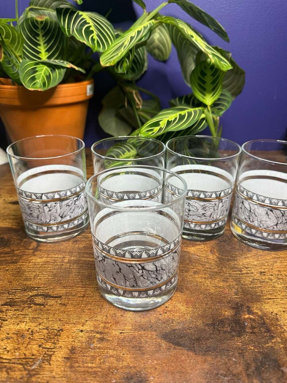 Set of 5 Vintage Mid-Century Modern Marble and Gold Trim Lowball Glasses